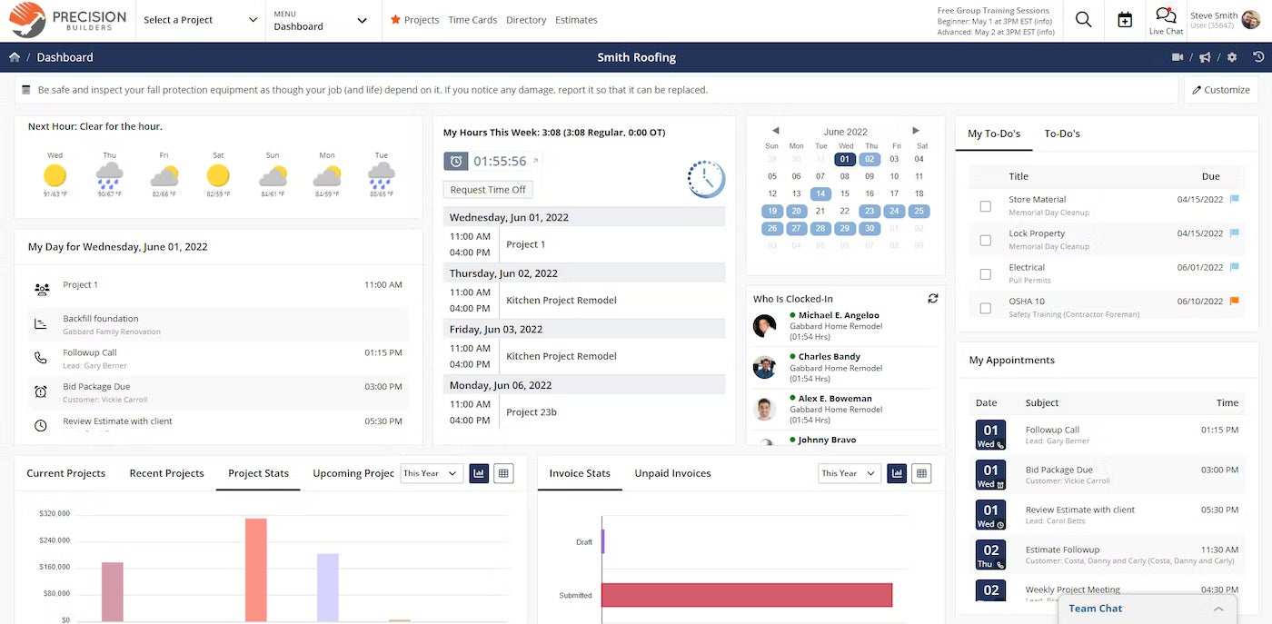 Contractor Foreman dashboard.