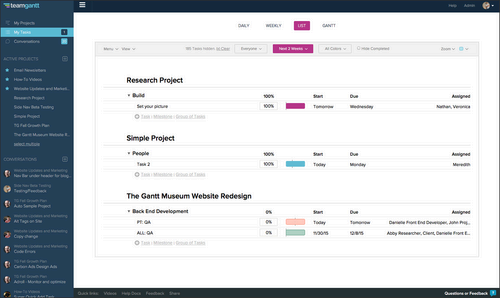 TeamGantt tasks list view.