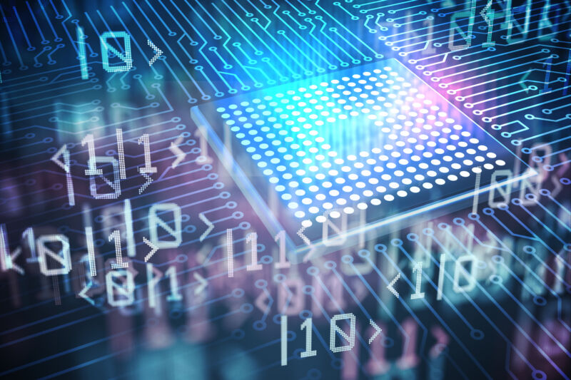 conceptual graphic of symbols representing quantum states floating above a stylized computer chip.