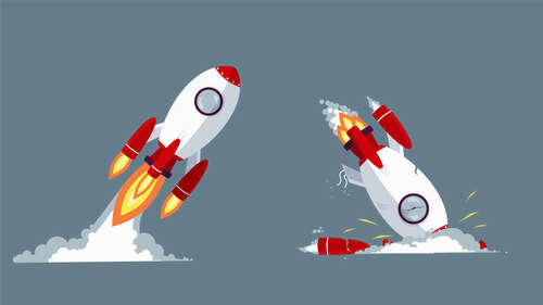 Cartoon rocket taking off and crashing.