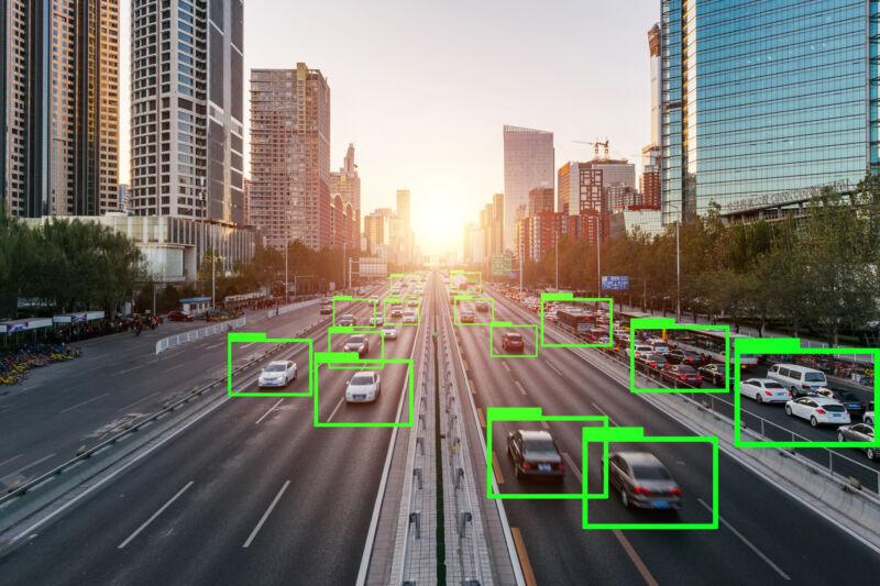 Images of cars on a freeway with green folder icons superimposed on each vehicle.