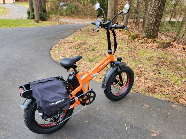 HeyBike Mars 2.0 with optional mirrors, phone mount, and panniers.