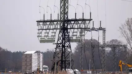 Ein Strommast mit Brandspuren steht auf einem Feld nahe der Tesla-Autofabrik. Inzwischen wurde die Stromversorgung wieder hergestellt.