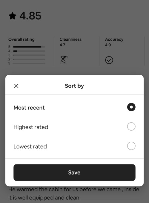 Airbnb now allows users to sort reviews by lowest rated