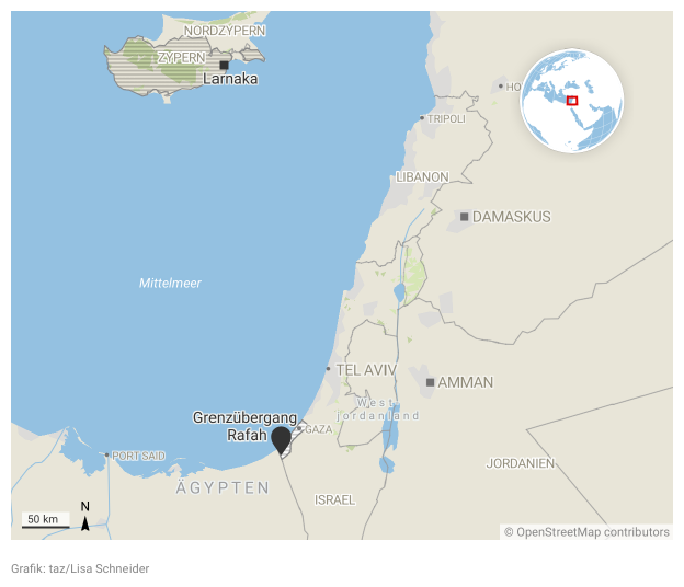 Karte von Gaza, Israel und Zypern.