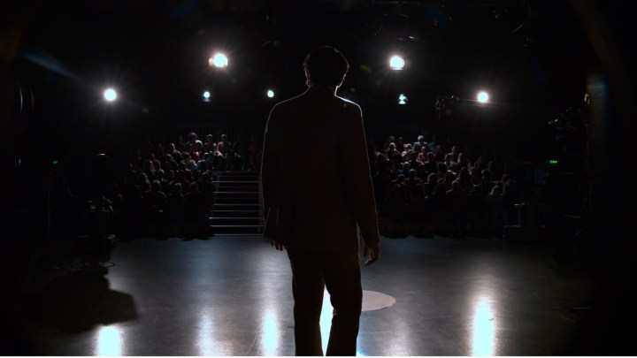 David Dastmalchian faces his talk-show audience in a still from Late Night with the Devil