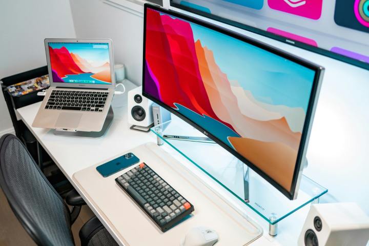 A MacBook Air connected to an external monitor