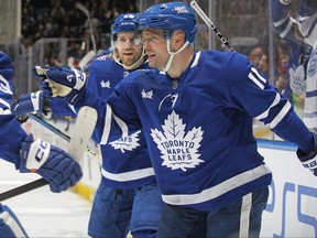 Max Domi of the Toronto Maple Leafs celebrates a goal against the Pittsburgh Penguins during the second period in an NHL game at Scotiabank Arena on Dec. 16, 2023 in Toronto.