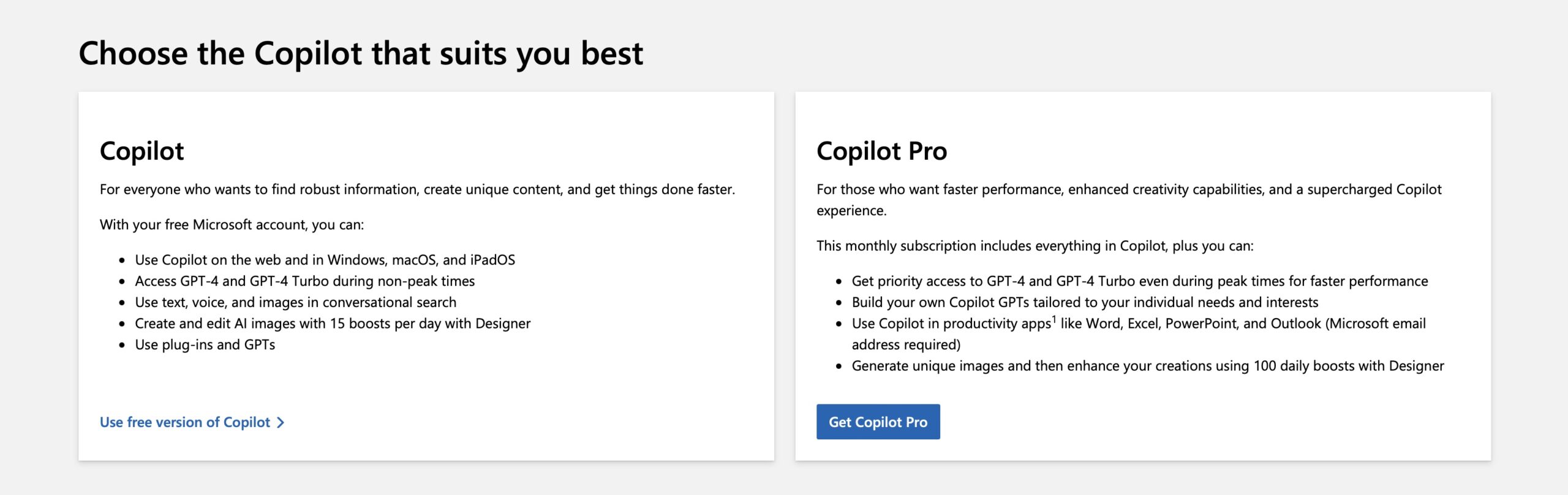 Details of how Microsoft Copilot and Copilot Pro differ