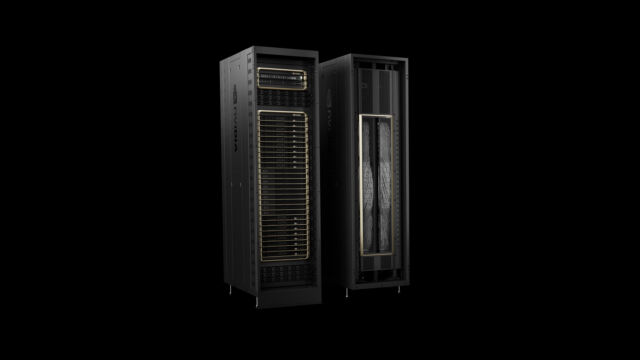 Press photo of the Nvidia GB200 NVL72 data center computer system.