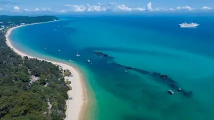 Türkis-und blaufarbenes Meer vor einem weisandigen Strand mit bewachsener Dünenlandschaft auf Moreton Island vor Brisbane