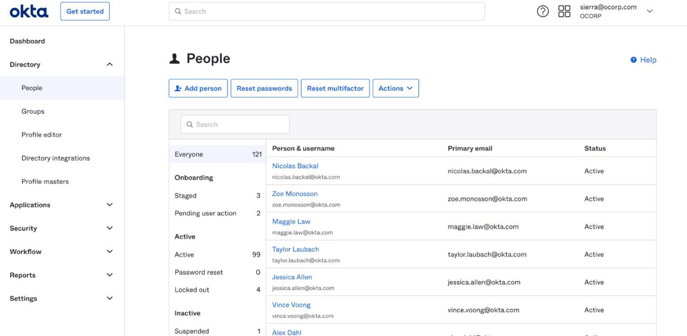 Okta user management console.