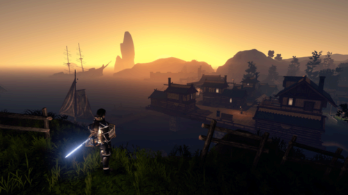 Sunset in Outward's Ciezo, with a better set of gear that I've ever found so far! 