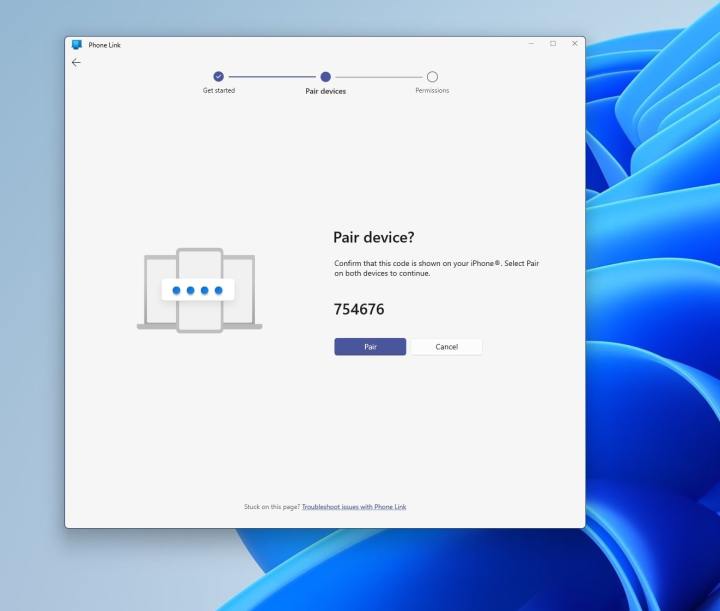 Confirming pairing with an iPhone in Windows 11 with the PIN code