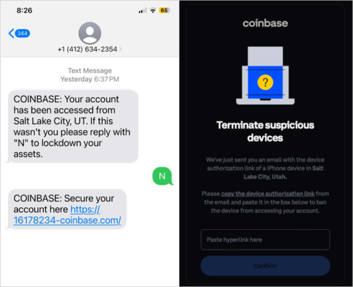 SMS phish (left) and a matching phishing page (right)