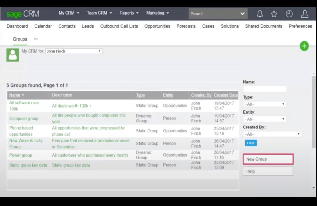 Sample Sage CRM group dashboard showing where to create a new group.