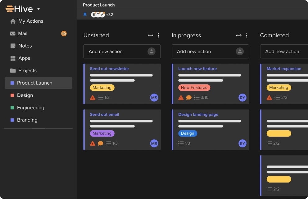 A dashboard showing Hive’s Kanban view.