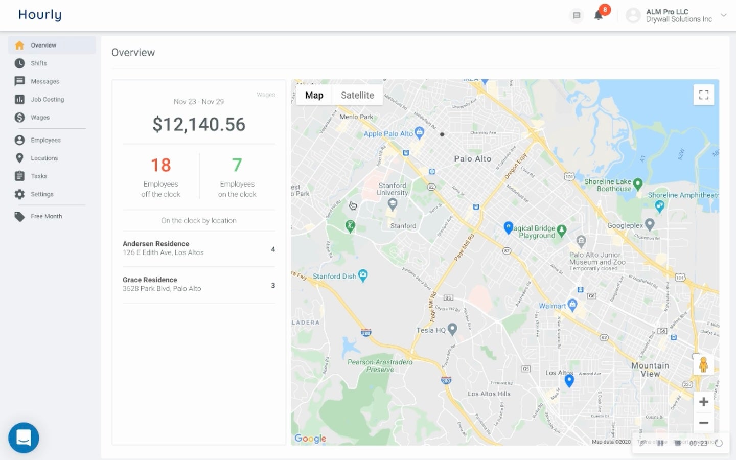 Hourly time tracking geolocation.