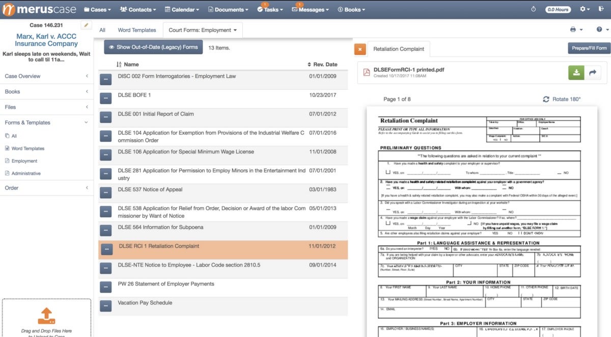 Screenshot of Meruscase forms.