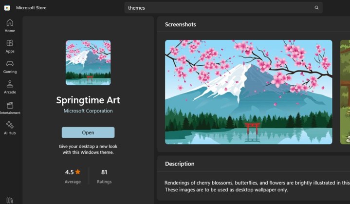 Screenshot showing Springtime Art theme in Microsoft Store.