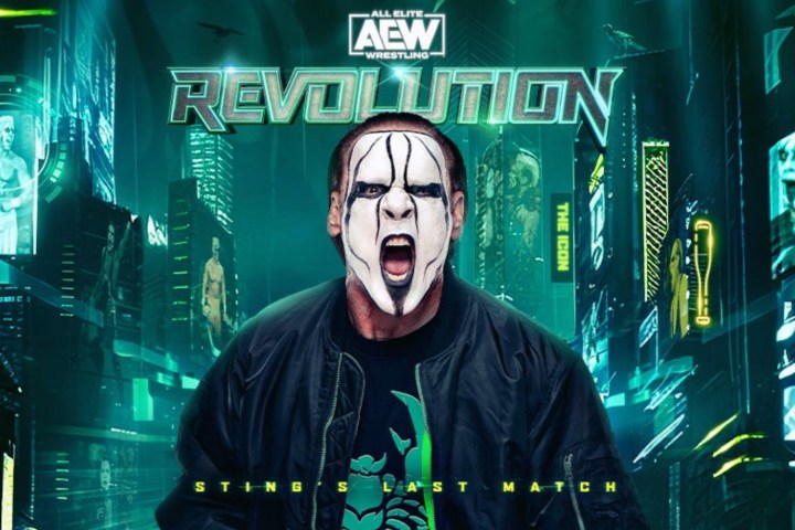 Sting screams with his mouth open on the poster for AEW Revolution.