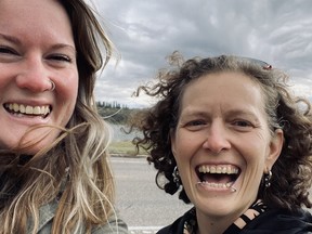 Christine Johnston (R) and Tarra Forrest take a quick break while filming a music video for Johnston's song inspired by Forrest's life story. (Christine Johnston)