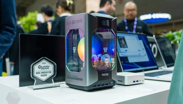 The Tecno Mega Mini Gaming G1 mini-gaming PC showcased at MWC 2024.