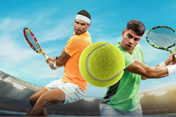 Rafael Nadal and Carlos Alcaraz set up for a tennis shot in the Netflix Slam.