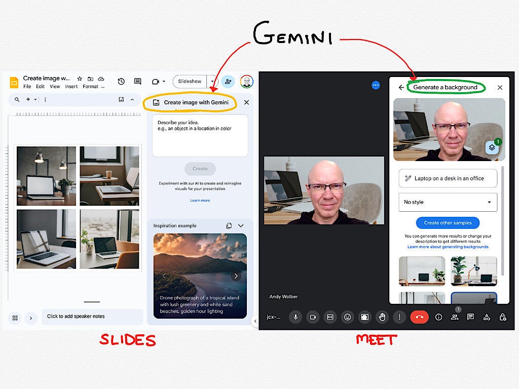  A text prompt of the first paragraph of James Joyce’s Two Gallants produced the image generated by Google Slides (left) and Google Meet (right).