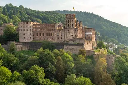 Das Heidelberger Schloss umgeben von dichten Wäldern.