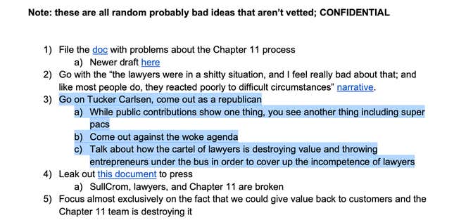 Notes made by Sam Bankman-Fried after the collapse of FTX that were made public by prosecutors in a filing on Friday, with highlights made for emphasis by Gizmodo
