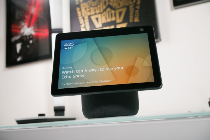 Amazon Echo Show 10 (3rd Gen) angled on desk.