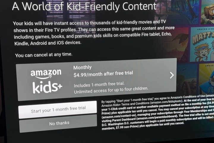 Screenshot showing whether you wish to sign up for an Amazon Kids Plus account on Fire TV.