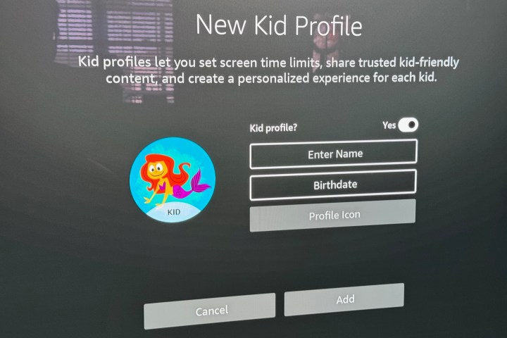 Screenshot showing Kids Profile setup on Amazon Fire TV.