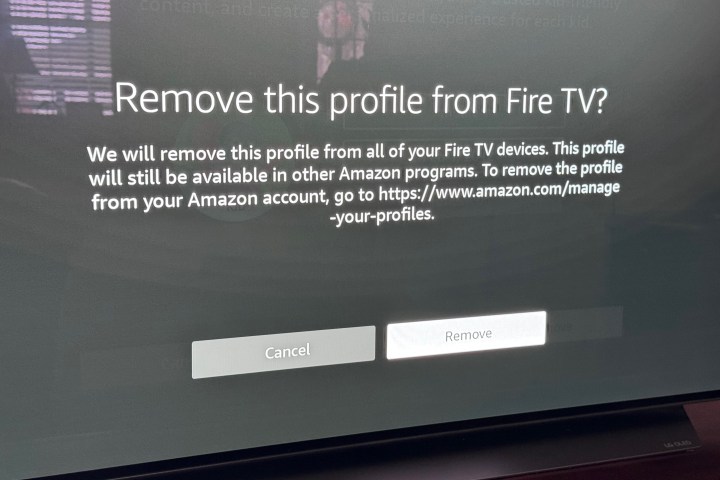 Screenshot showing confirmation that you wish to remove an Amazon Fire TV profile.