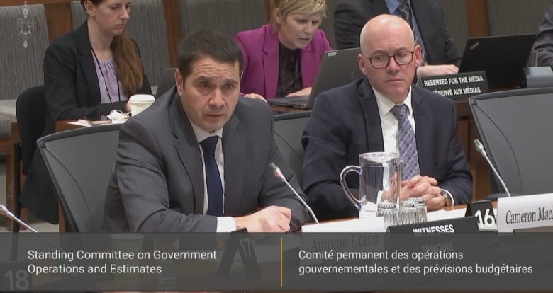 Two men in suits sit in a committee room on Parliament Hill answering questions from MPs. 