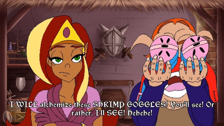 Screenshot of a video game; an animated cartoon woman, left, appears annoyed by a man, right, holding shrimps in front of his eyes.