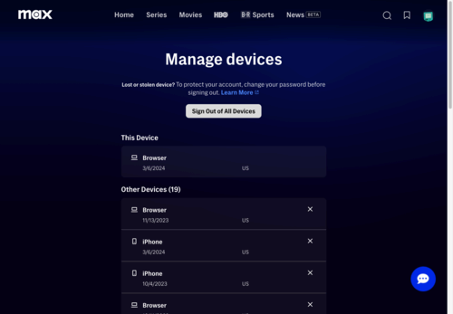 HBO Max manage devices.