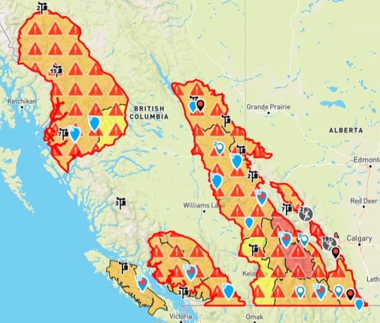 a map of BC indicating where avalanche risk is highest