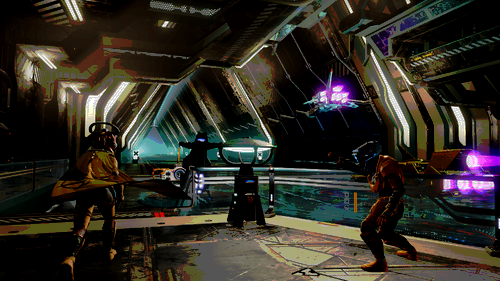 Interior of new procedurally generated space stations in the game No Man's Sky. Three characters stand in action poses in the foreground of a space hangar as ships whizz by.