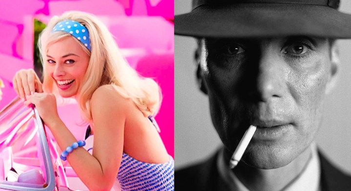 A split image of Barbie and Oppenheimer.