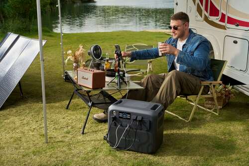 man outdoors next to RV with Bluetti ac200l