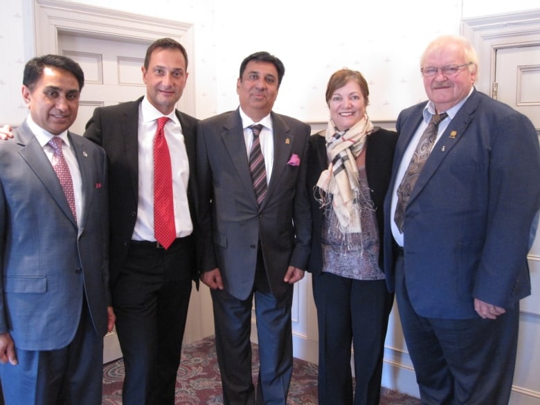 In 2014 Canadian Nectar minority shareholder Sheila Copps, second from right, introduced the company's principles to then Premier Robert Ghiz, second from left, and other P.E.I. politicians. Others in the photo include former Conservative MP Gurmant Grewal, left, former Nectar owner Amarjeet Jatana, centre, and former P.E.I. MLA Ronnie McKinley, right.