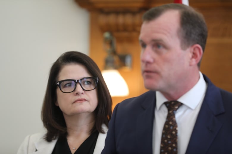 Saskatchewan NDP Leader Carla Beck and Saskatchewan NDP Finance Critic Trent Wotherspoon respond to the 2024/2025 provincial budget on March 20, 2024. 