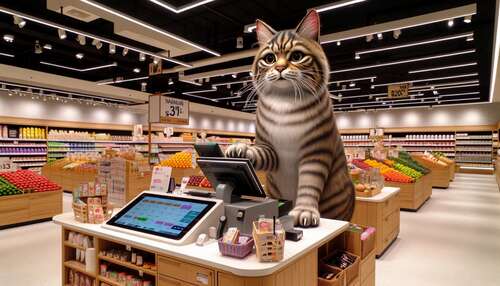 Giant Cat Cashier Charms Shoppers