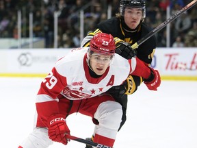 Soo Greyhounds' Kirill Kudryavtsev (29) slips past Sarnia Sting's Carson Hall (10) earlier this season. Kudryavtsev will face fellow Canucks prospect Vilmer Alriksson in the first round of the OHL playoffs.