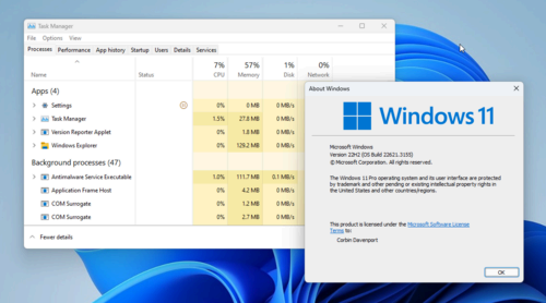 Windows 11 Task Manager showing CPU, Memory, Disk, and Network usage.