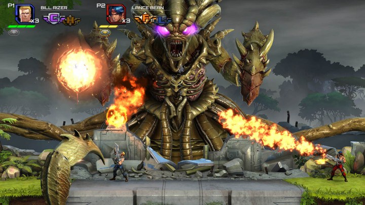 Soldiers shoot a giant monster in Contra: Operation Galuga.