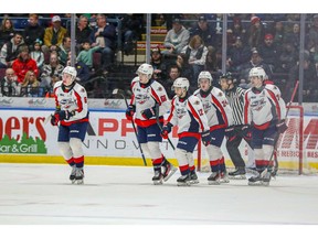 After Saturday's season-ending loss in Saginaw to the Spirit, the Windsor Spitfires will look to build the future around core players like, from left, A.J. Spellacy (8), captain Liam Greentree (66), Ryan Abrham (12), Carson Woodall (24) and Alex Cristoforo (74).