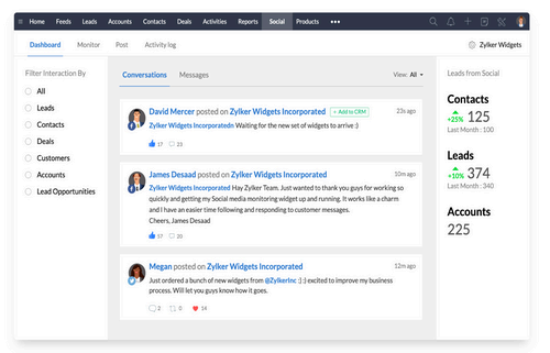 Zoho CRM social management page.